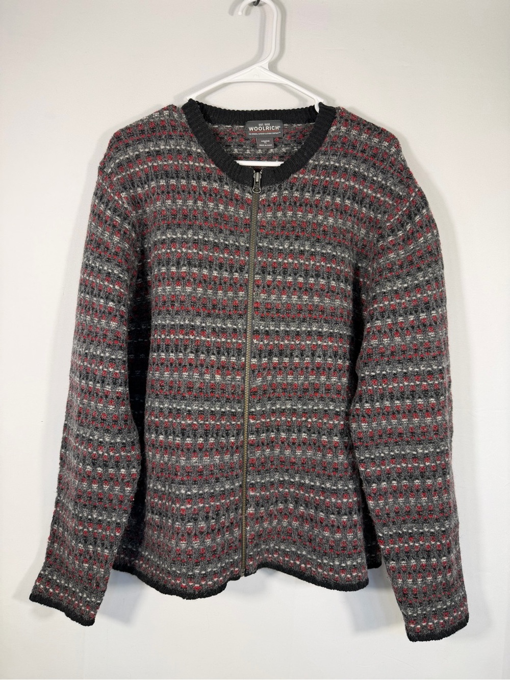 Woolrich 100% Wool Fair Isle Full Zip Cardigan Sweater Charcoal Red XL